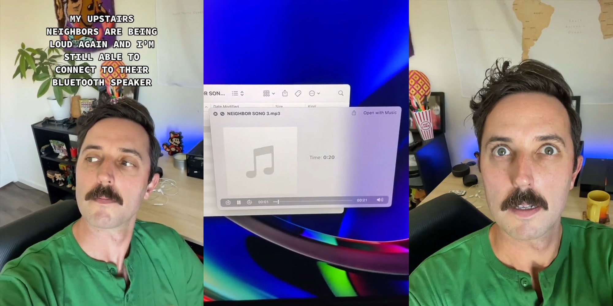 Man in chair at desk caption ' My upstiars neighbors are being loud again and I'm still able to connect to their bluetooth speaker' (l) Computer screen 'Neighbor Song 3' on screen (c) Man in chair odd expression (r)