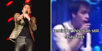 Brandon Urie Panic at the Disco preforming (l) Brandon Urie preforming caption "reminder this man still has fans" (r)