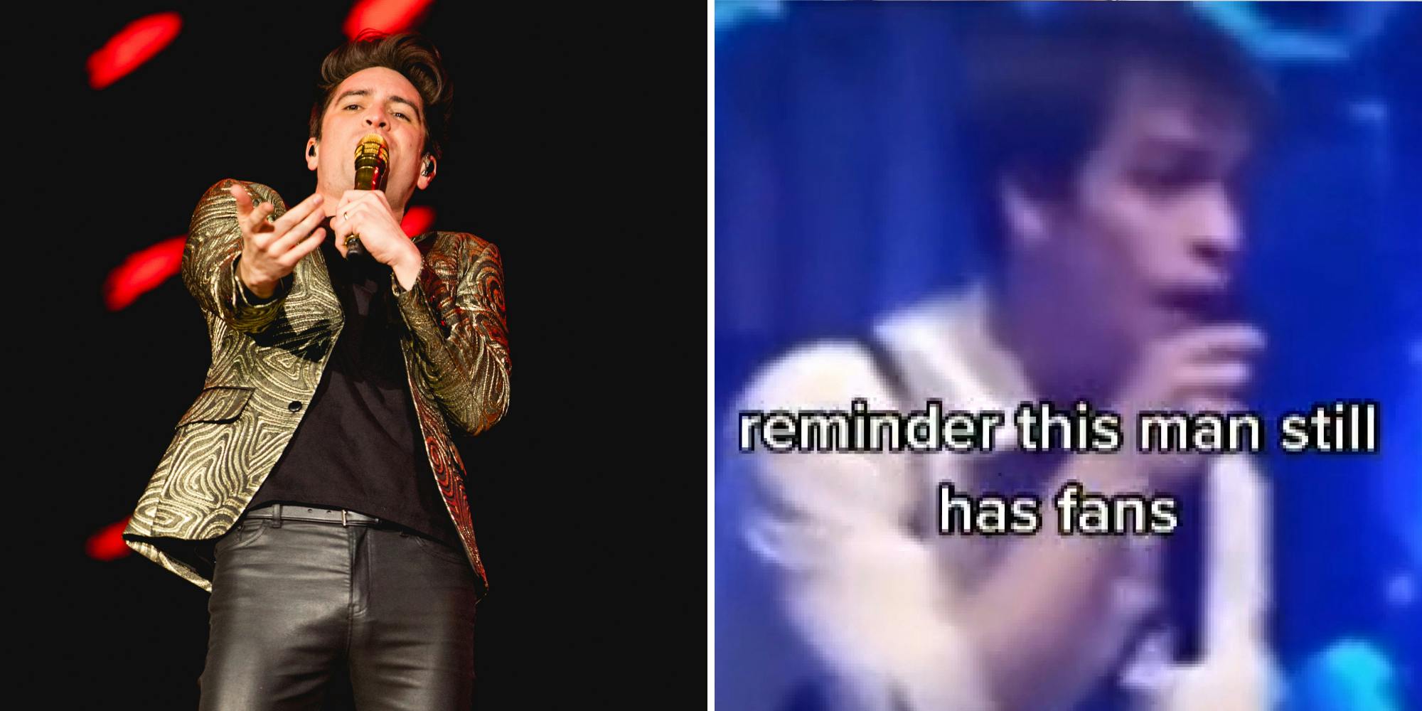 Brandon Urie Panic at the Disco preforming (l) Brandon Urie preforming caption "reminder this man still has fans" (r)