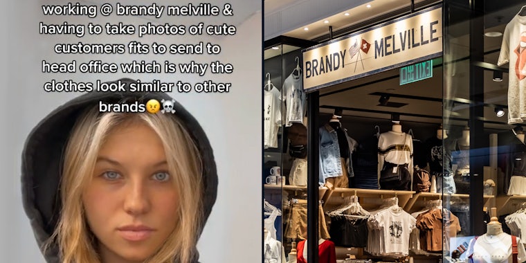 Woman in hoodie caption 'working @ brandy melville and having to take photos of cute customers fits to send to head office which is why the clothes look similar to other brands' (l) Brandy Melville clothing store with sign (r)
