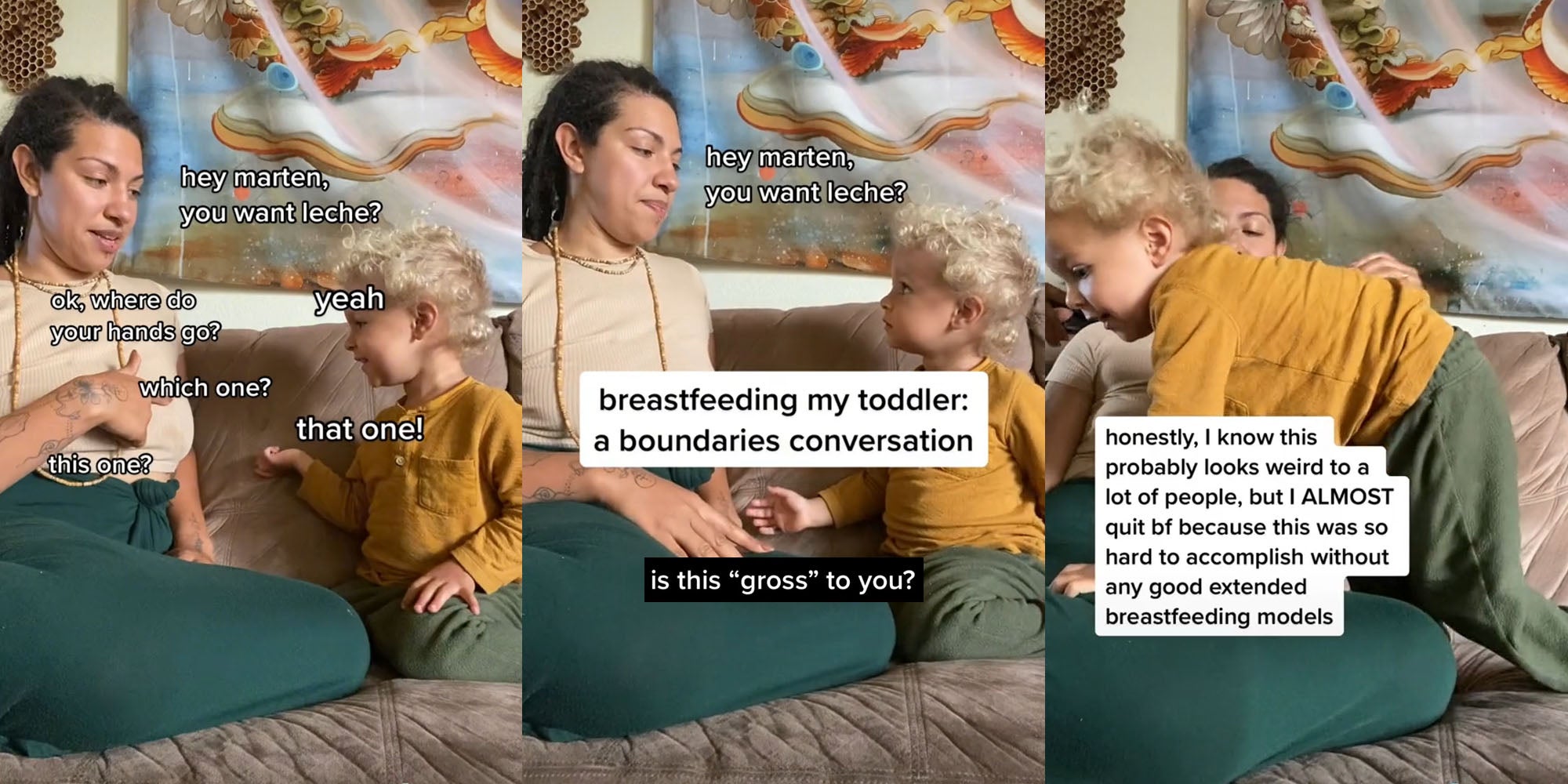 Woman and toddler on couch caption ' hey marten, you want leche? yeah ok, where do your hands go? which one? that one! this one?' (l) Woman and toddler on couch caption 'breastfeeding my toddler: a boundaries conversation' ' hey marten, you want leche?' 'is this 'gross' to you?' (c) Woman and toddler on couch caption ' honestly I know this probably looks weird to a lot of people but I ALMOST quit because this was so hard to accomplish without any good extended breastfeeding models' (r)