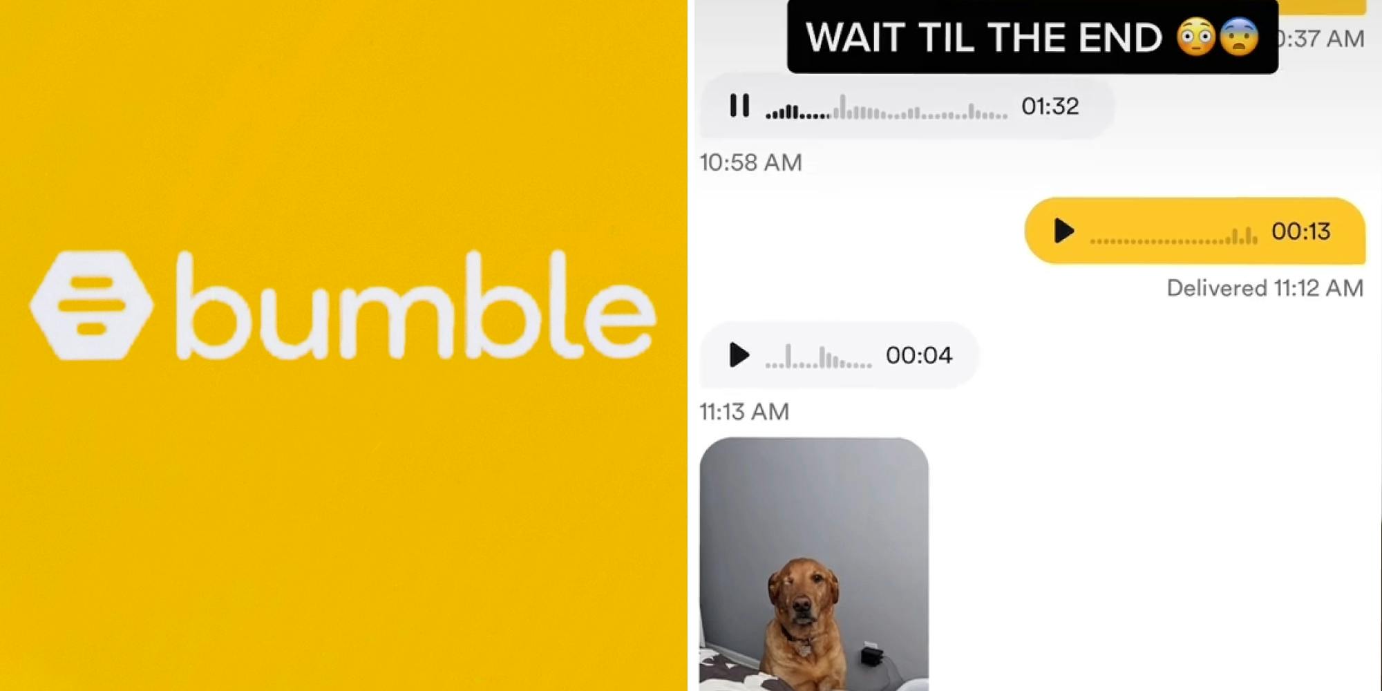 Bumble log on yellow background (l) Bumble messages screenshot playing voice memo (r)