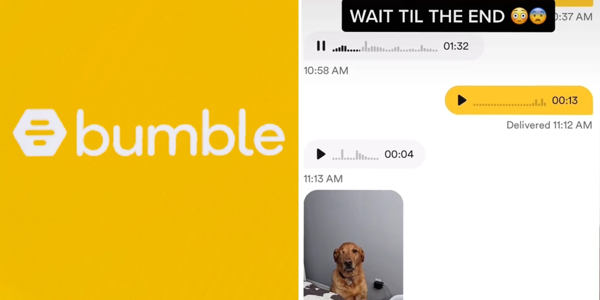 Bumble log on yellow background (l) Bumble messages screenshot playing voice memo (r)