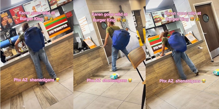 Woman at burgerking with backpack on at counter caption 'Karen gone wild at Burger King' 'Phx AZ shenanigans' (l) Woman in Burger King swinging item around with backpack on caption 'Karen gone wild at Burger King' 'Phx AZ shenanigans' (c) woman in Burger King up to counter hitting items down caption 'Karen gone wild at Burger King' 'Phx AZ shenanigans' (r)