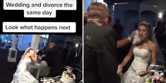 groom slamming cake into brides face at wedding caption "Wedding and divorce the same day Look what happens next"(l) bride covered in cake hand helping wipe her off upset face hurt groom walking towards her (r)