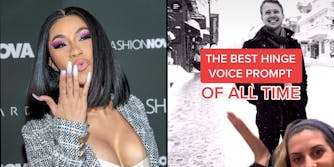 Cardi B (l) Greenscreen video woman hand under caption "THE BEST HINGE VOICE PROMPT OF ALL TIME" over hinge dating profile (r)