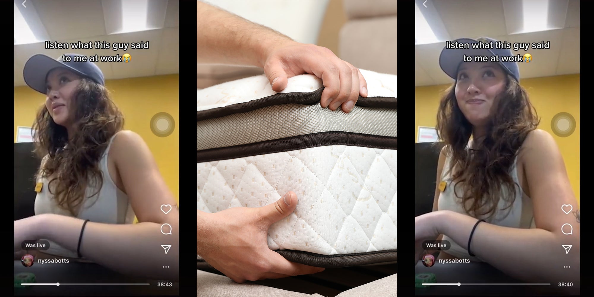 young woman cashier with caption 'listen what this guy said to me at work' (l&r) man displaying mattress (c)
