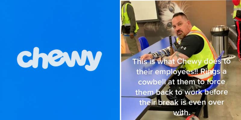 Chewy logo on blue background (l) Man in vest holding bell sitting at table caption 'this is what Chewy does to their employees!! rings a cowbell at them to force them back to work before their break is even over with' (r)