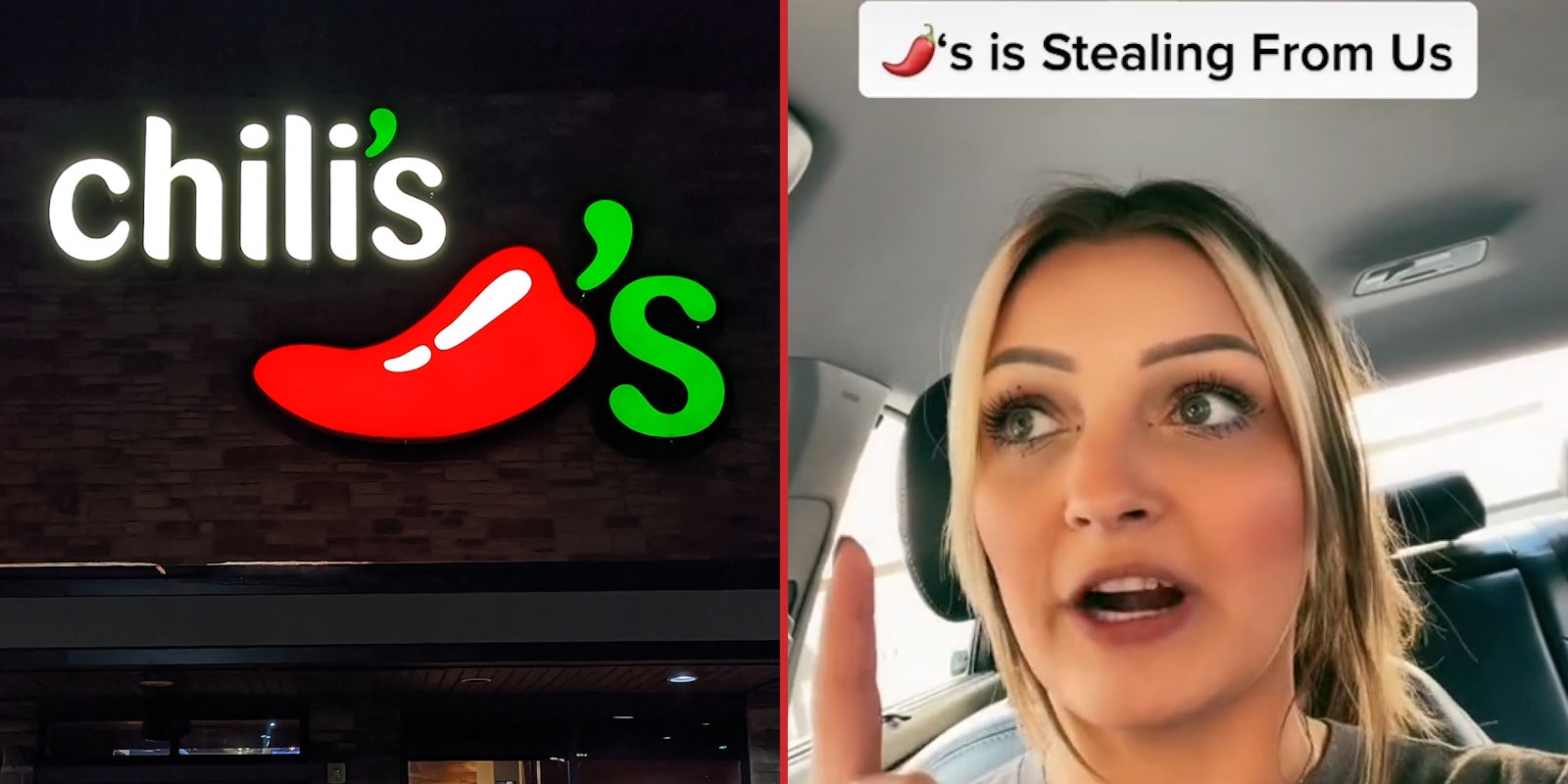Chili's restaurant sign on building at night (l) woman in car finger up caption 'Chili's is stealing from us' (r)