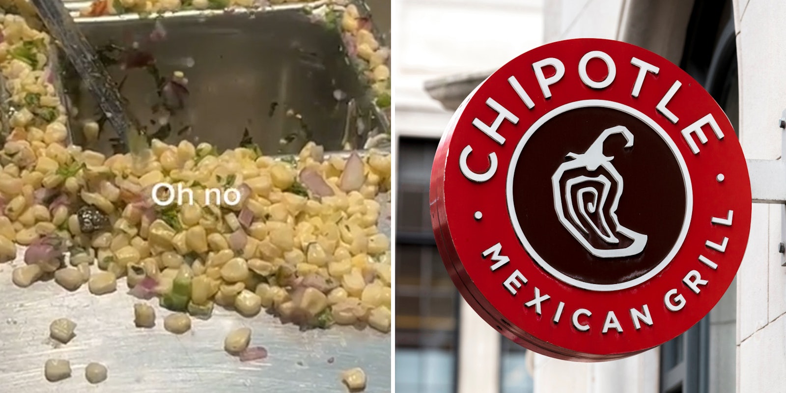 Chipotle counter with food everywhere messy corn spilled all over caption 'on no' (l) Chipotle Mexican Grill sign circular on wall (r)