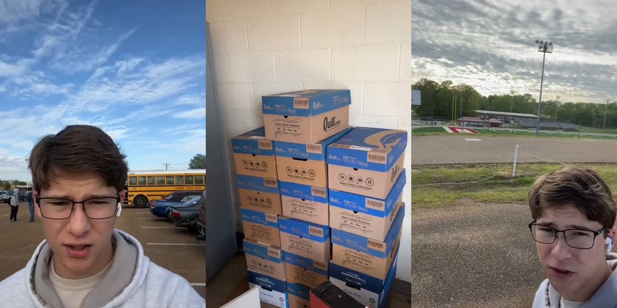 student outside in parkinglot while students are cleaning bus for class (l) boxes stacked against wall the students have been delivering for team (c) student showing new football field (r)