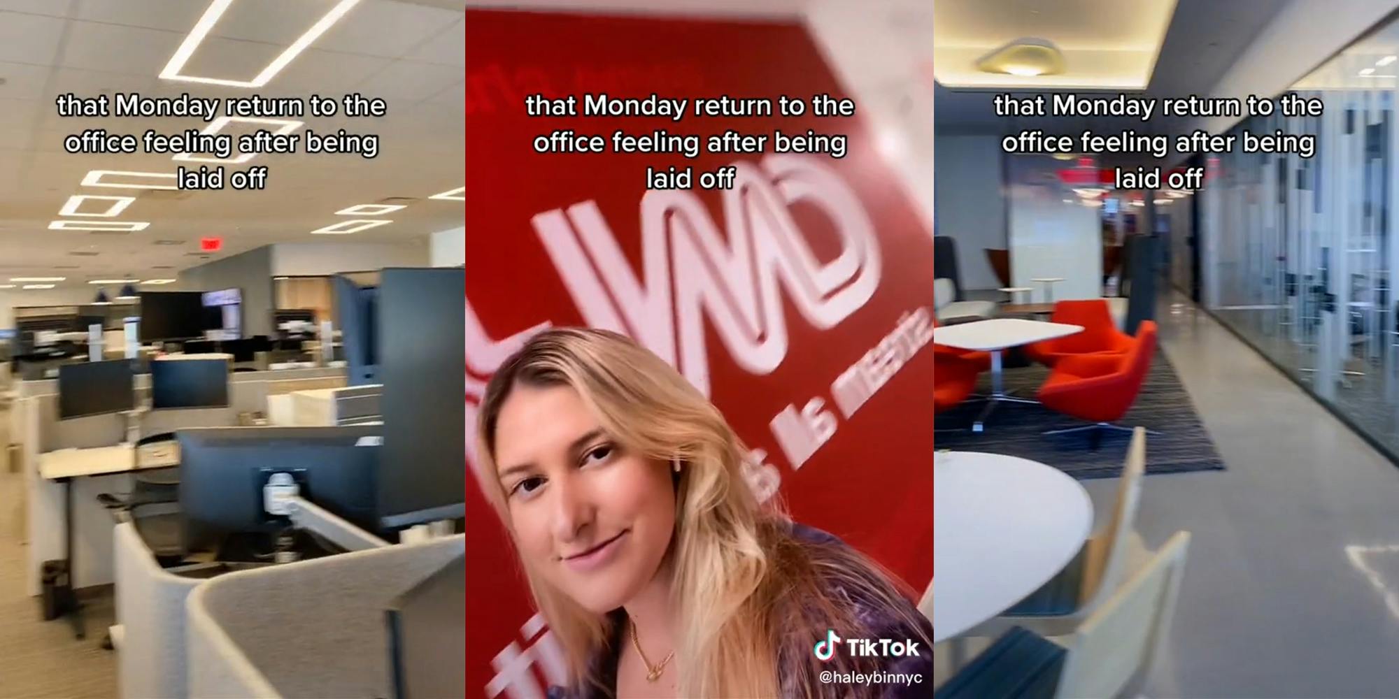 empty office (l&r) woman in front of CNN+ logo (c) all with caption "that Monday return to the office feeling after being laid off"