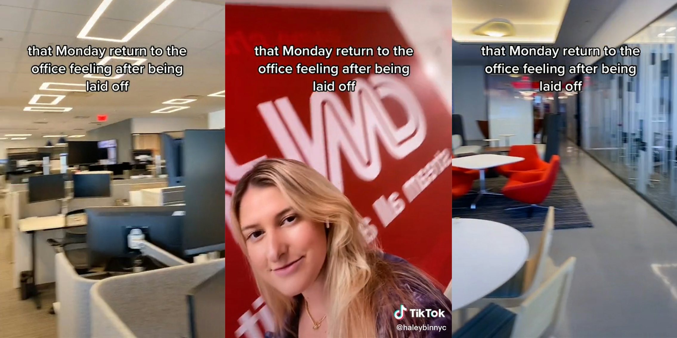 empty office (l&r) woman in front of CNN+ logo (c) all with caption 'that Monday return to the office feeling after being laid off'