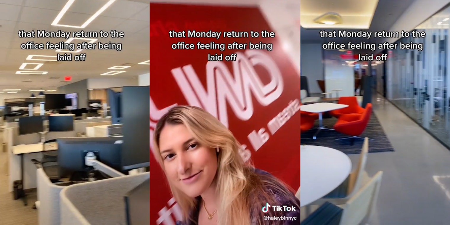 empty office (l&r) woman in front of CNN+ logo (c) all with caption 'that Monday return to the office feeling after being laid off'
