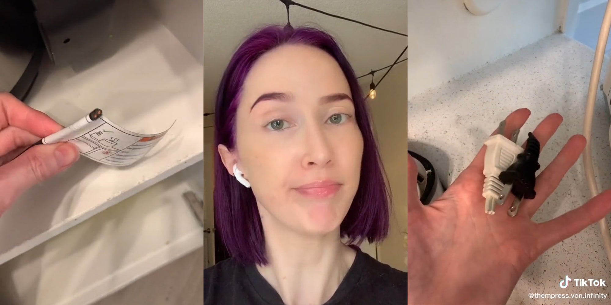 hand holding cut cords (l&r) young woman with purple hair and earpod (c)