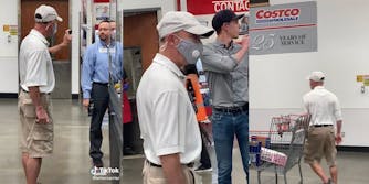 old man dressed in cargo shorts threatens employee with pepper spray (l) man standing in store (c) man walking past cart (r)