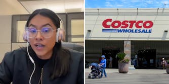 woman talking with headphones (l) Costco building outside (r)