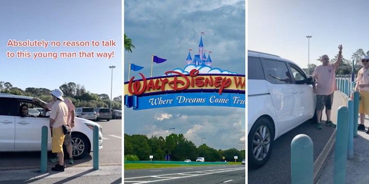 couple harassing worker (l) (r) disney world sign (m)