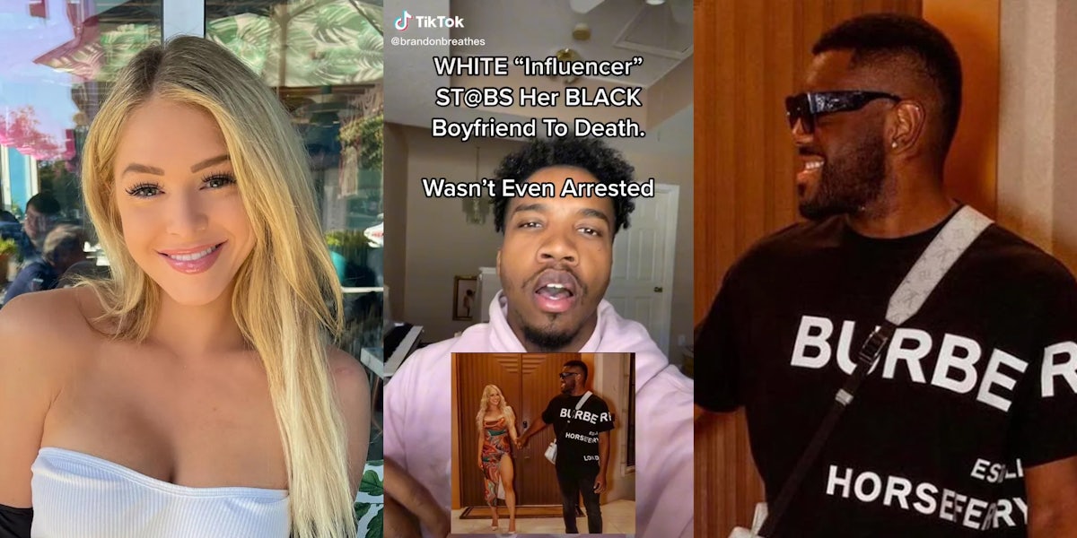young woman (l) man with photo inset of couple holding hands and caption 'WHITE influencer stabs her BLACK boyfriend to death. wasn't even arrested' (c) man from inset photo (r)