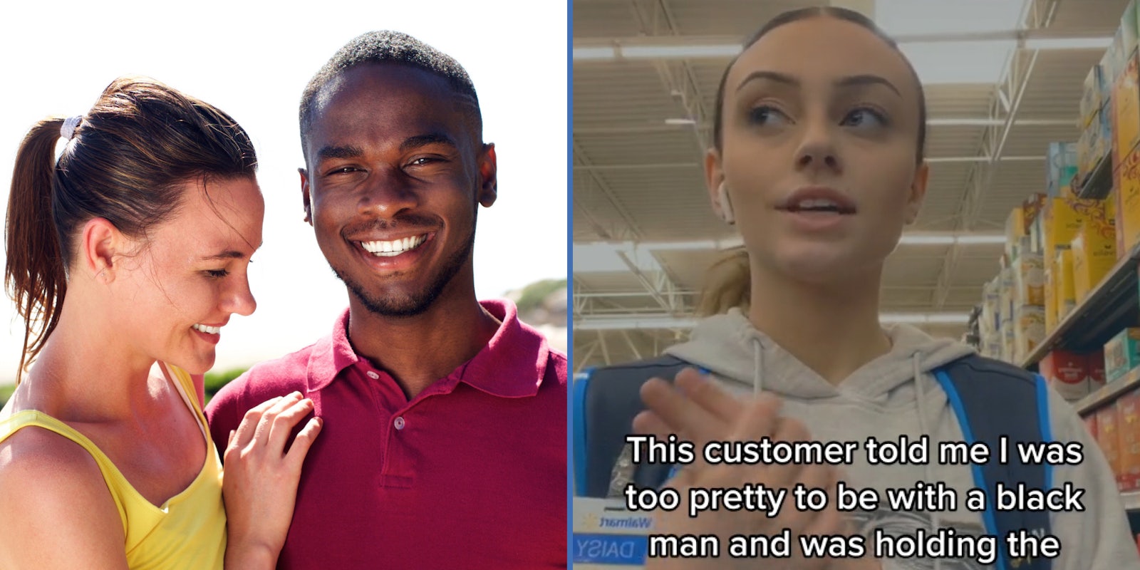 happy couple smiling white woman african american man (l) Walmart employee talking rubbing hands scared caption 'This customer told me I was too pretty to be with a black man and was holding the' (r)