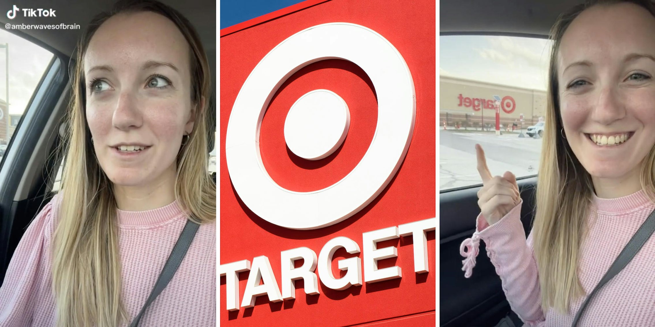woman in car (l) target logo (m) woman pointing at target store (r)