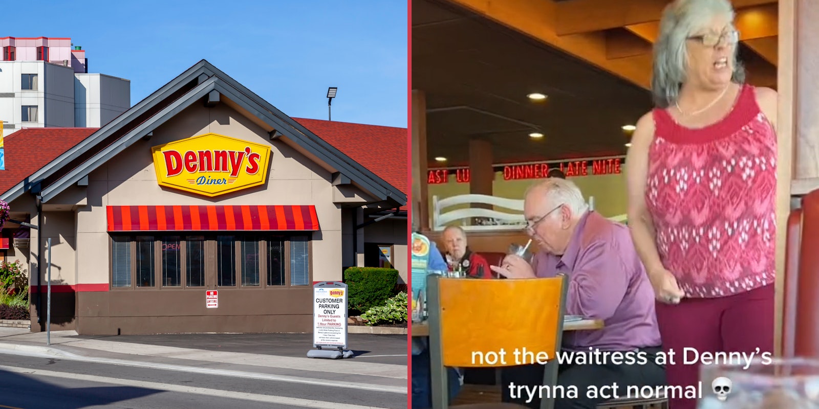 Denny's Diner building with sign (l) Older karen freaking out at dennys man drinking behind her (r)