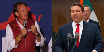Glenn Youngkin speaking into microphone (l) Ron DeSantis speaking into microphone (r)