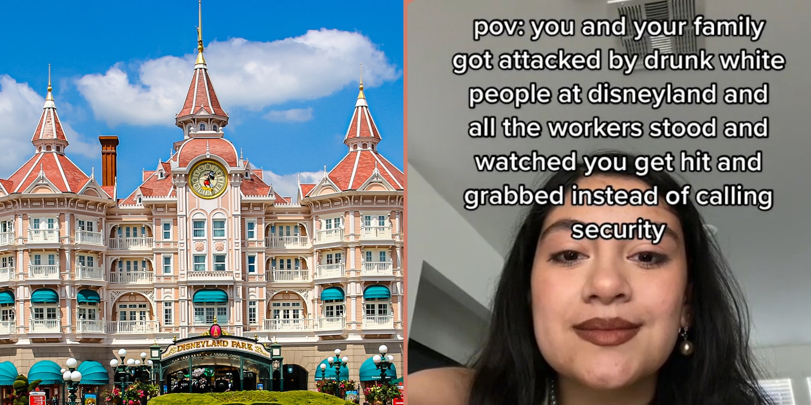 Dinseyland hotel with mickey mouse logo (l) woman in room caption 'pov: you and your family got attacked by drunk white people at disneyland and all the workers stood and watched you get hit and grabbed instead of calling security' (r)