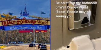 Walt Disney World sign over road (l) Disney World bathroom toilet with hole in it caption "Be careful in the bathroom of Walt Disney World (Epcot) People may be seeing you." (r)