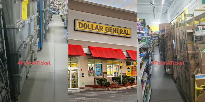 dollar general store with new stock blocking aisles caption "#PutInATicket" (l&r) Dollar General storefront (c)