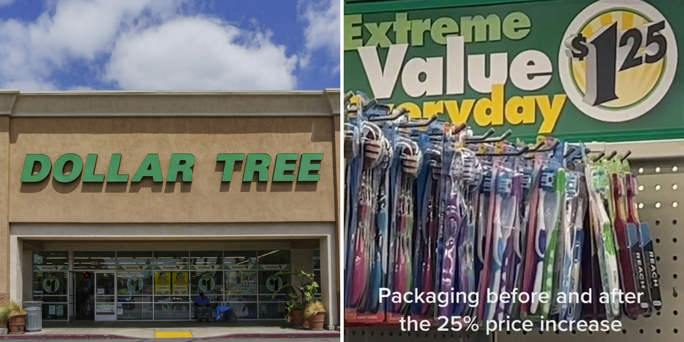 Dollar Tree building and sign (l) Inside dollar tree caption 'Packaging before and after the 25% price increase' (r)