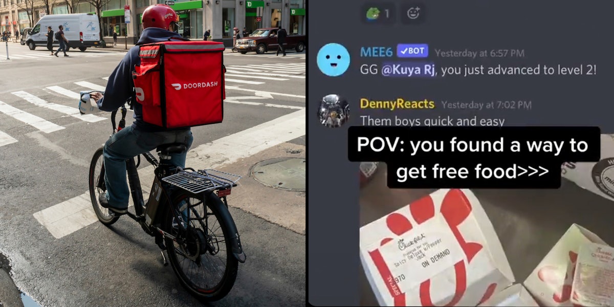 DoorDash worker on bike delivering food (l) TikTok video of doordash conversations with caption 'POV: you found a way to get free food></img>>>' (r)