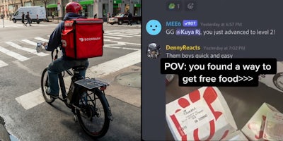 DoorDash worker on bike delivering food (l) TikTok video of doordash conversations with caption 'POV: you found a way to get free food>>>' (r)