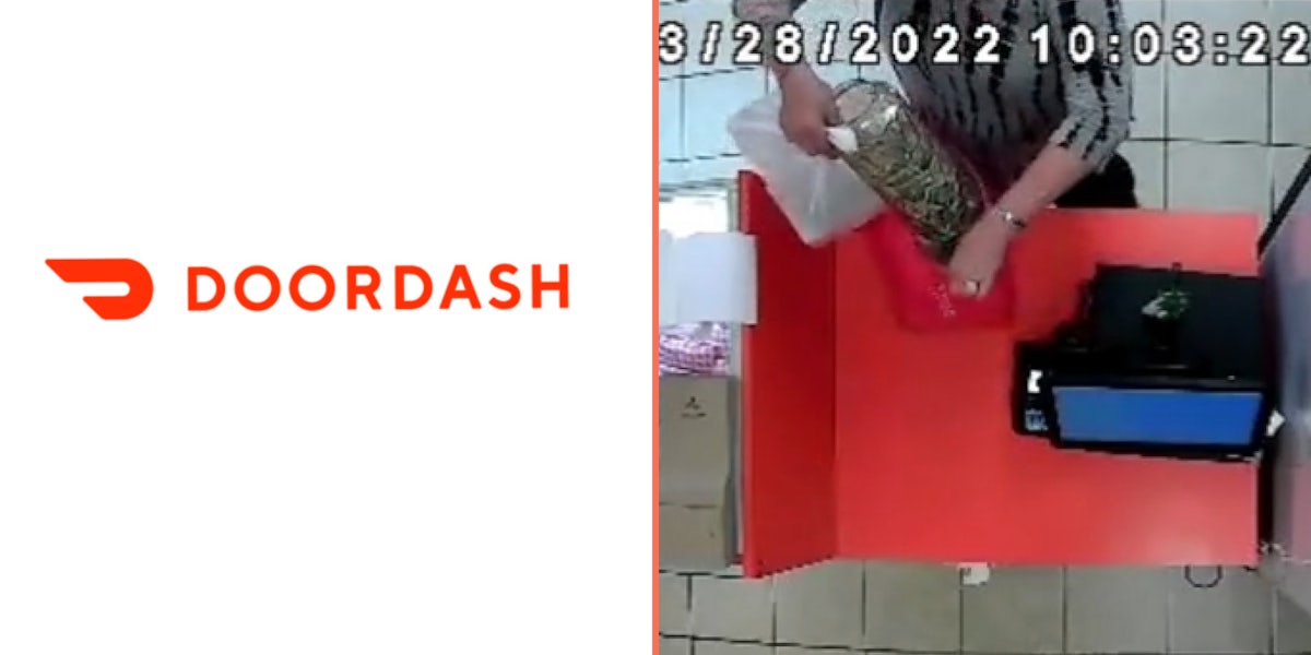 doordash logo on white background (l) DoorDash worker seen stealing tips from small business (r)