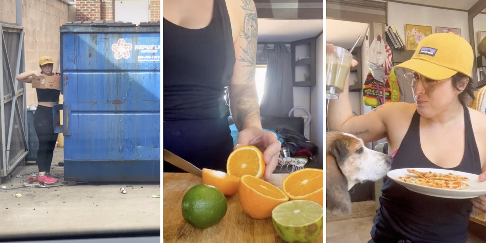 woman dumpster diving (l) cutting up oranges (m) woman eating pizza with her dog (r)