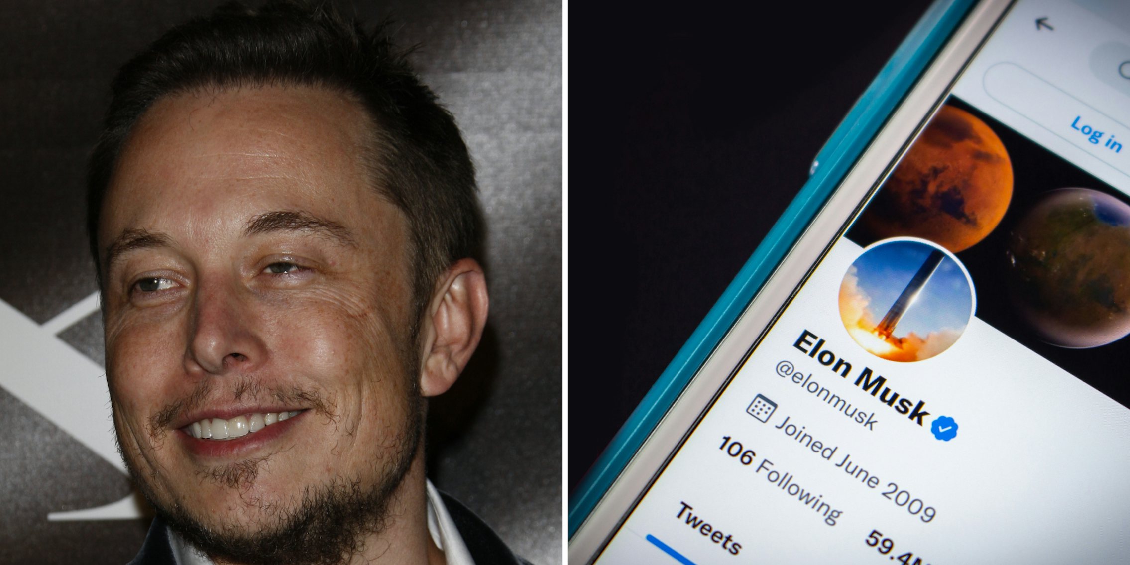 Elon Musk head (l) Elon Musk twitter page on phone on dark gray background (r)
