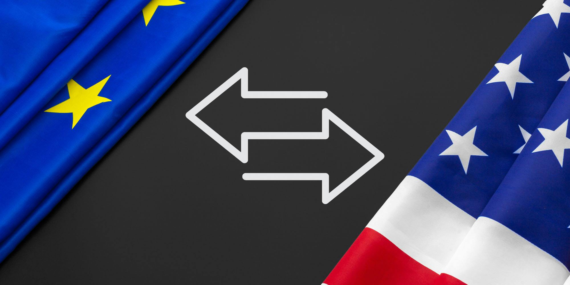EU and US flag on grey background with arrows in center