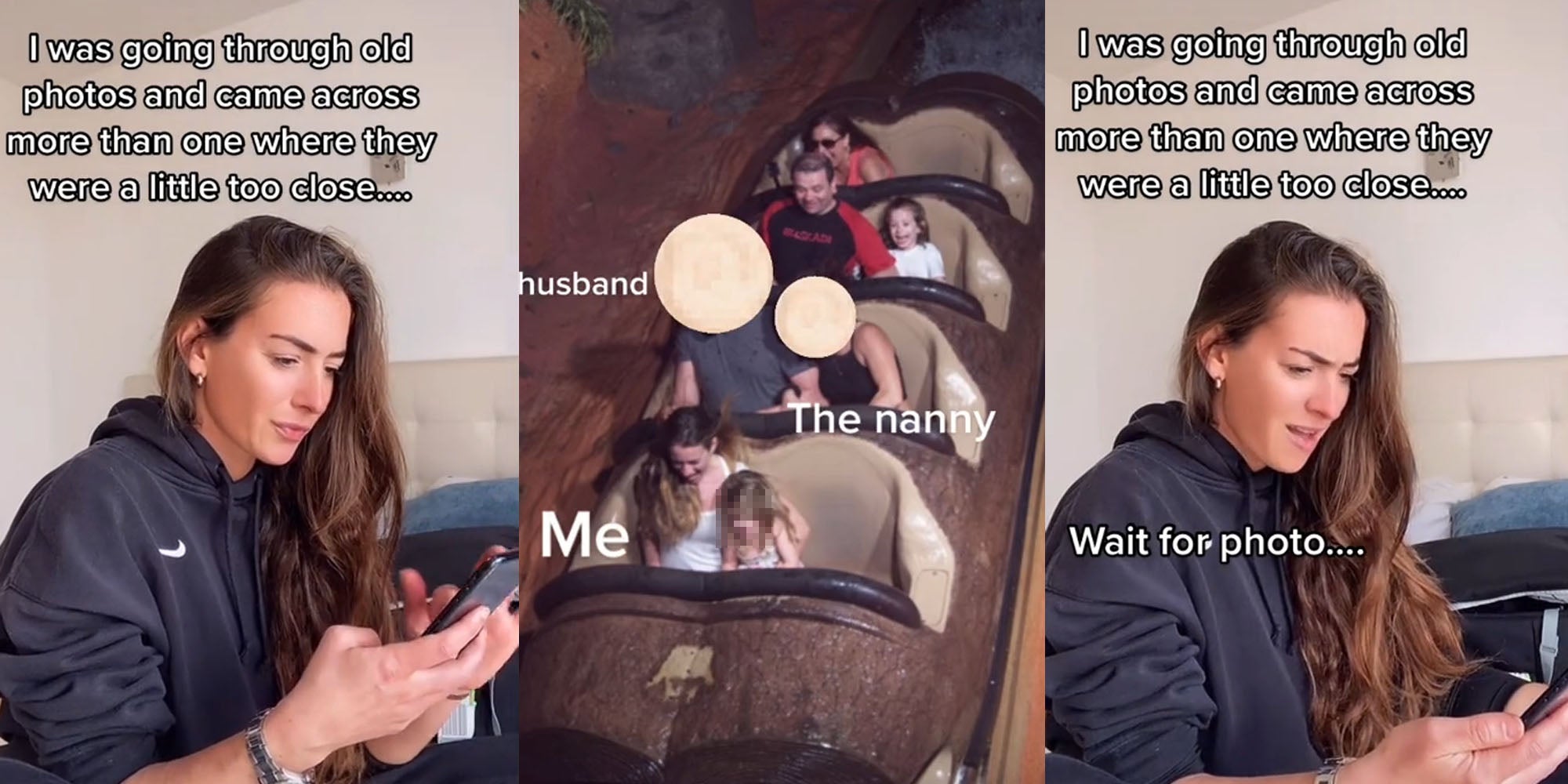 woman scrolling on phone caption 'I was going through old photos and came across one where they were a little too close...' (l) Family on disney ride husband and nanny blurred out daughter and mother in front (c) Woman shocked expression looking at phone caption ' I was going through old photos and came across more than one where they were a little too close (r)