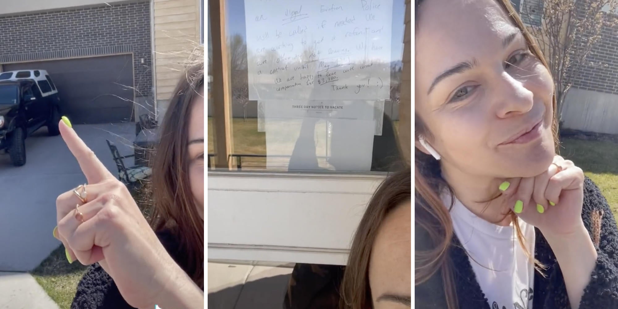 woman pointing at house (l) woman showing sign on window (m) woman smirking (r)