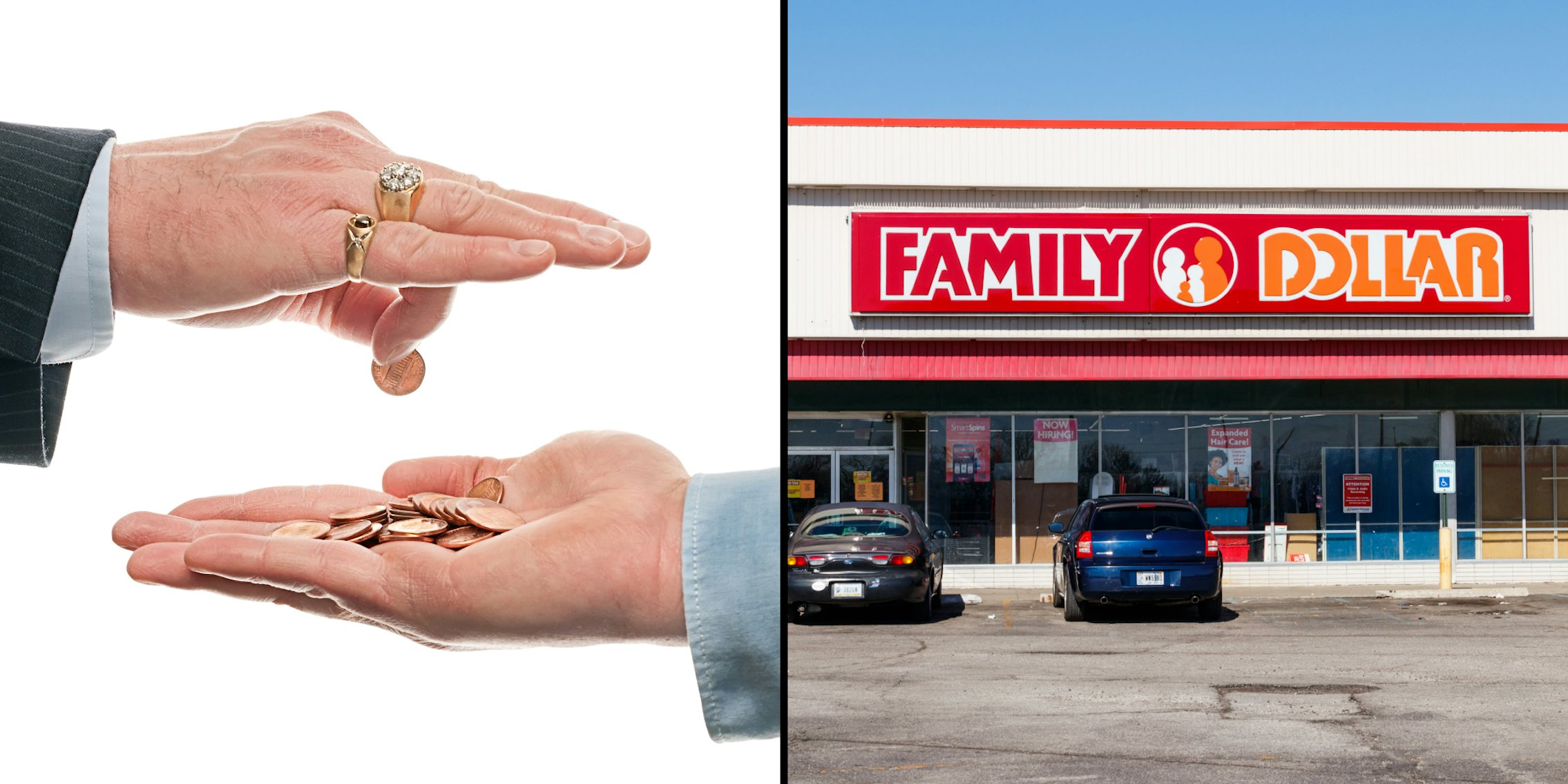 business man underpaying worker pennies dropping in hand (l) family dollar store outside (r)