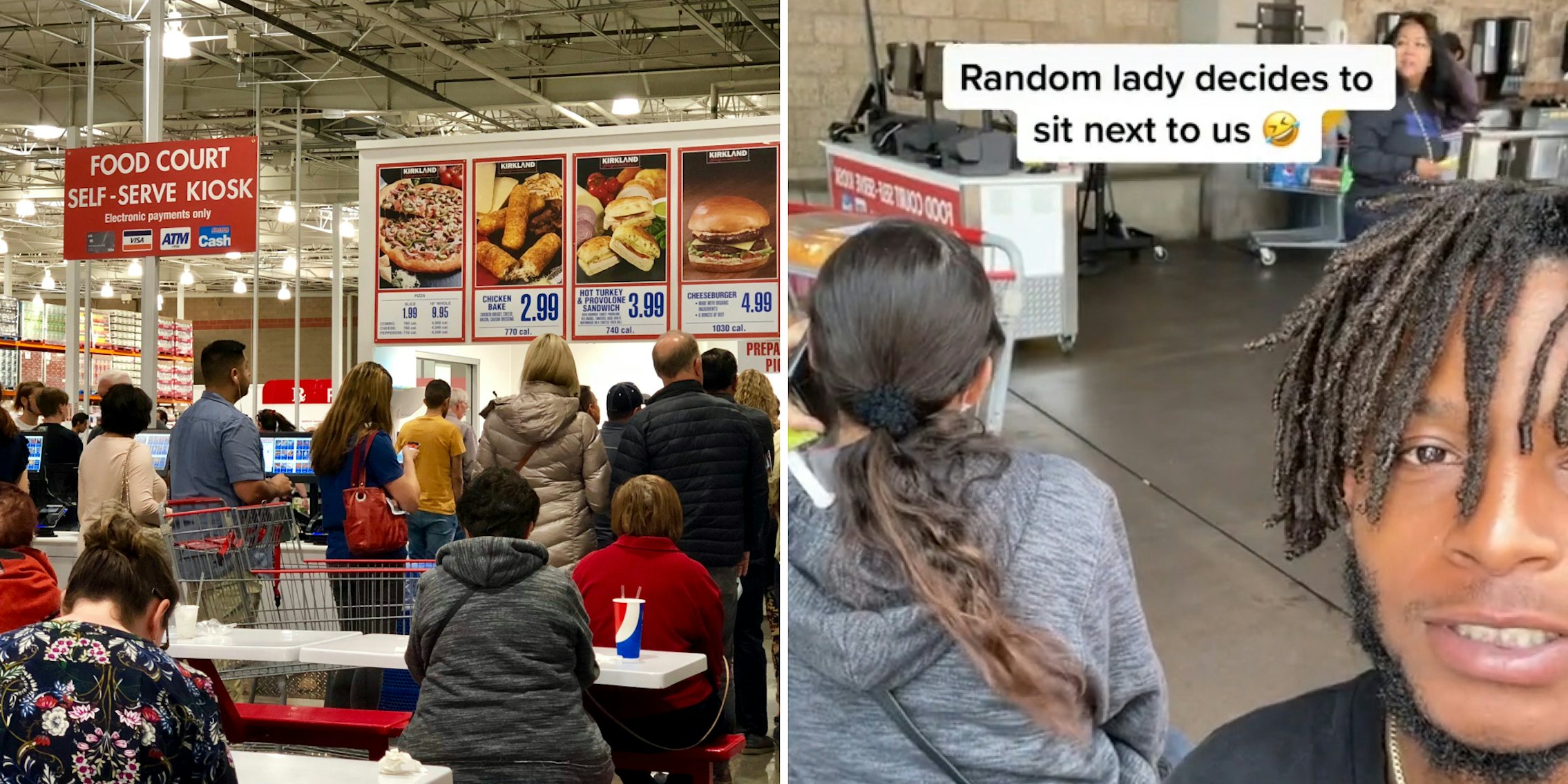 Costco food court with people sitting (l) Man in food court with woman next to him caption 'Random lady decides to sit next to us' (r)