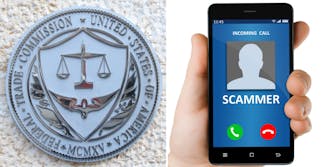 Federal Trade Commission circular plaque on white wall (l) Hand holding phone that says "INCOMING CALL" "SCAMMER" (r)