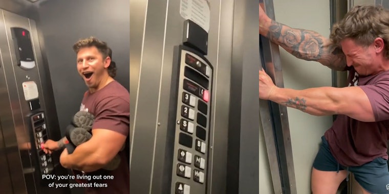Man in elevator shocked expression buttons not working hand pressing button (l) elevator buttons red phone light on (c) Man trying to pry elevator open with hands (r)