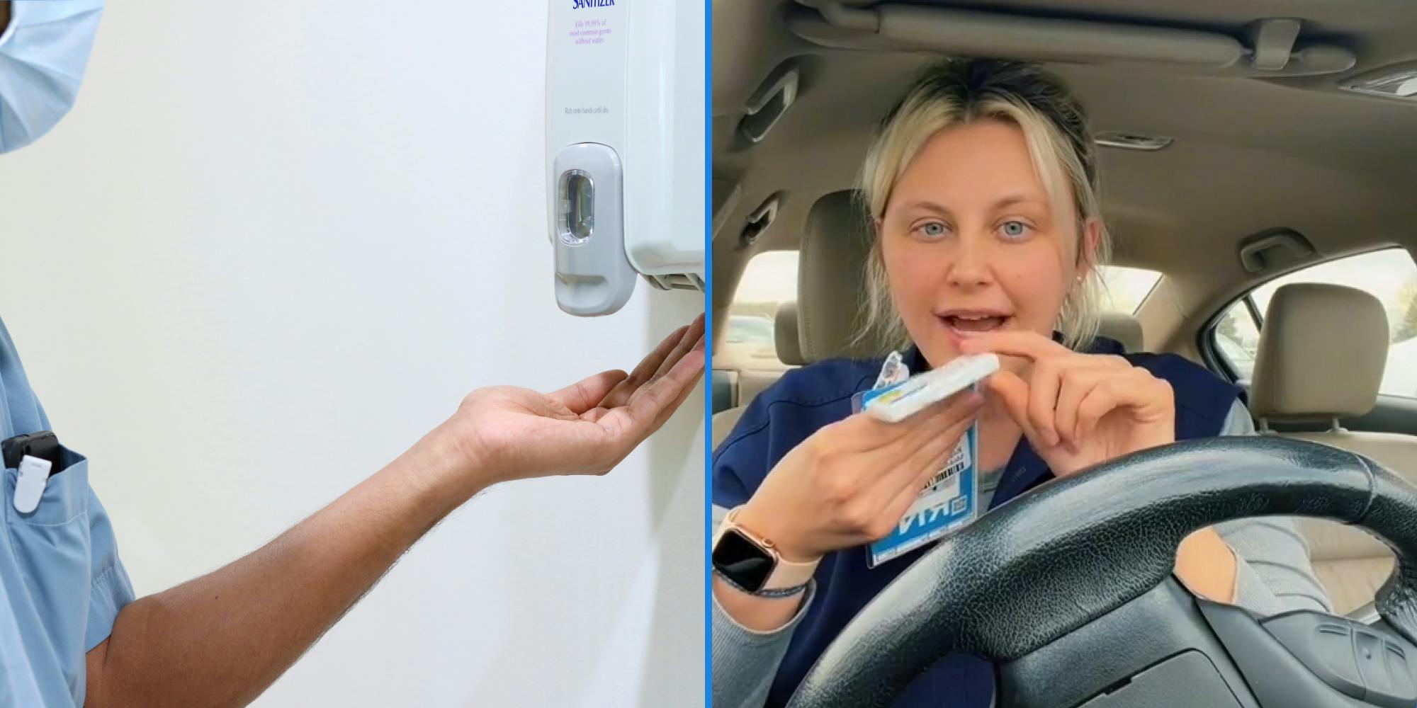 nurse applying hand sanitizer (l) Nurse in car holding badge in car (r)