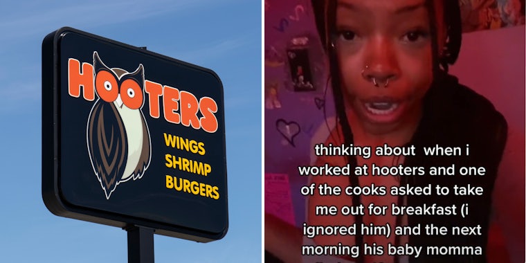 Hooters sign with sky behind (l) Woman talking caption 'thinking about when I worked at Hooters and one of the cooks asked to take me out for breakfast (I ignored him) and the next morning his baby momma' (r)