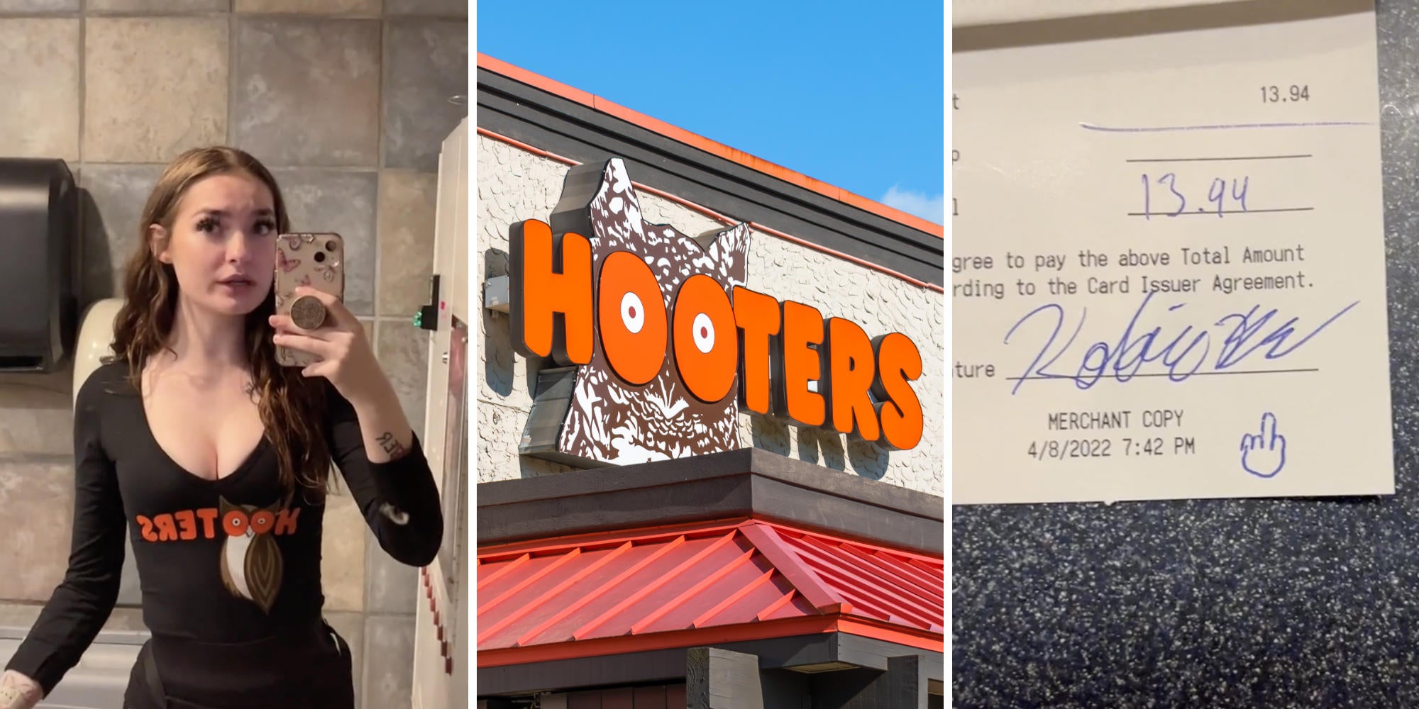 hooters waitress (l) hooteres restaurant (m) printed tip with drawn middle finger on it (r)