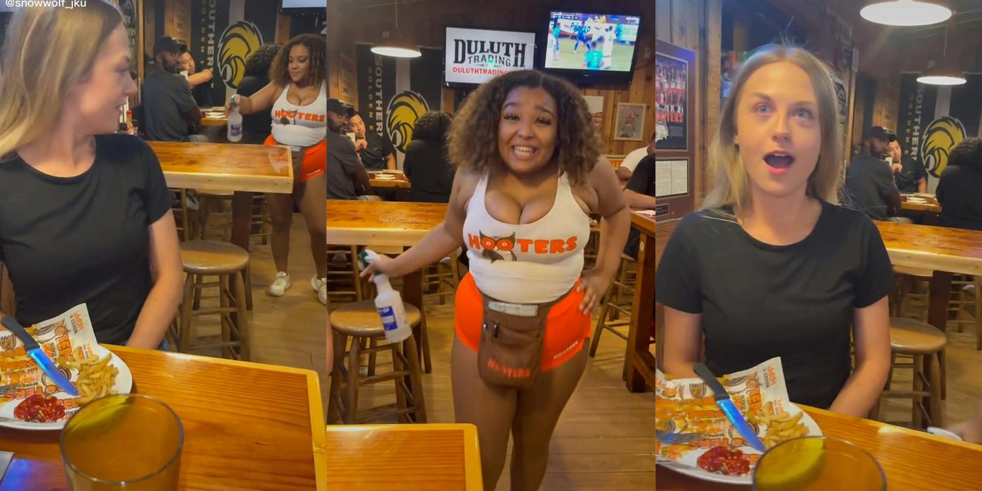 ‘Can you please stop that? You’re getting my girlfriend wet’: Hooters waitress cleaning table claps back at man filming—it’s probably fake