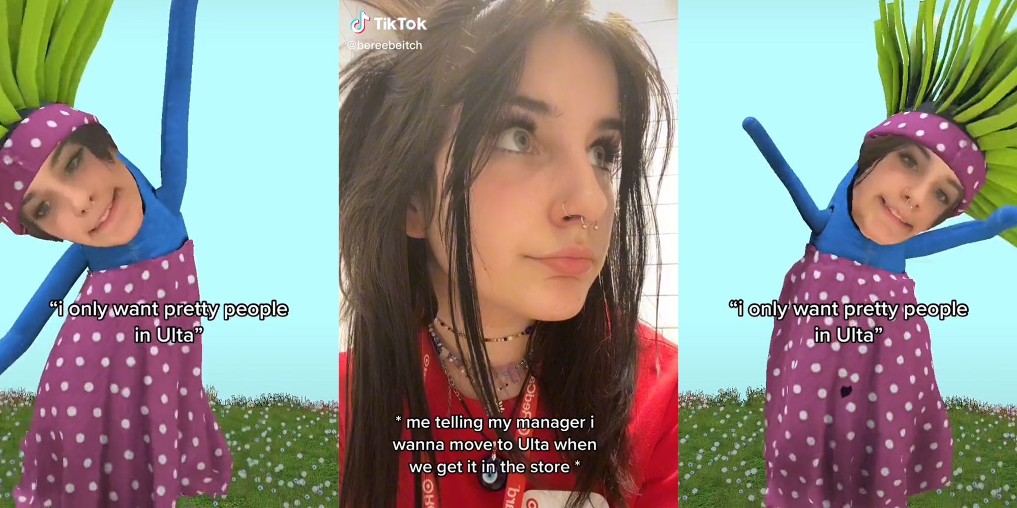 young woman dancing with caption 'i only want pretty people in Ulta' (l&r) young woman in target uniform with caption 'me telling my manager i wanna move to Ulta when we get it in the store' (c)