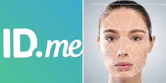 ID.me logo on green ombre background (l) woman with facial recognition lines on face (r)