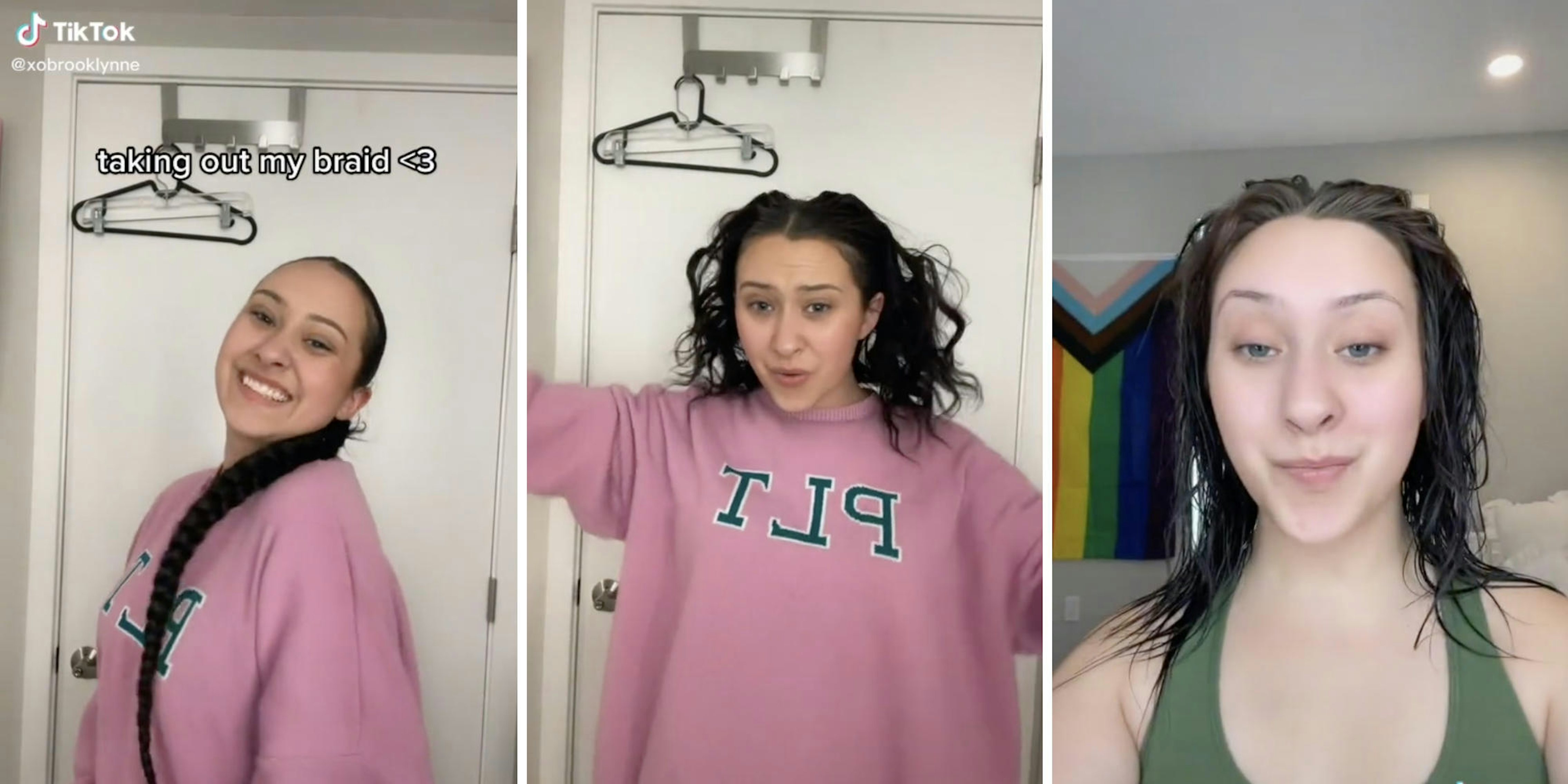 young woman showing braids (l) messing with cut hair (m) showing wet hair before dressing up (r)